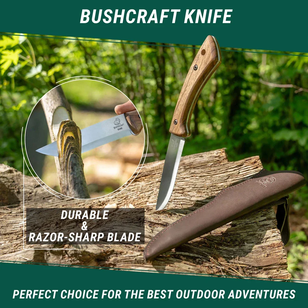 Dune Carbon Steel Bushcraft Knife Walnut Handle with Leather Sheath - Image 5